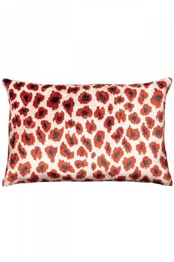 Velvet Ikat Leopard Red Cushion: in-situ image