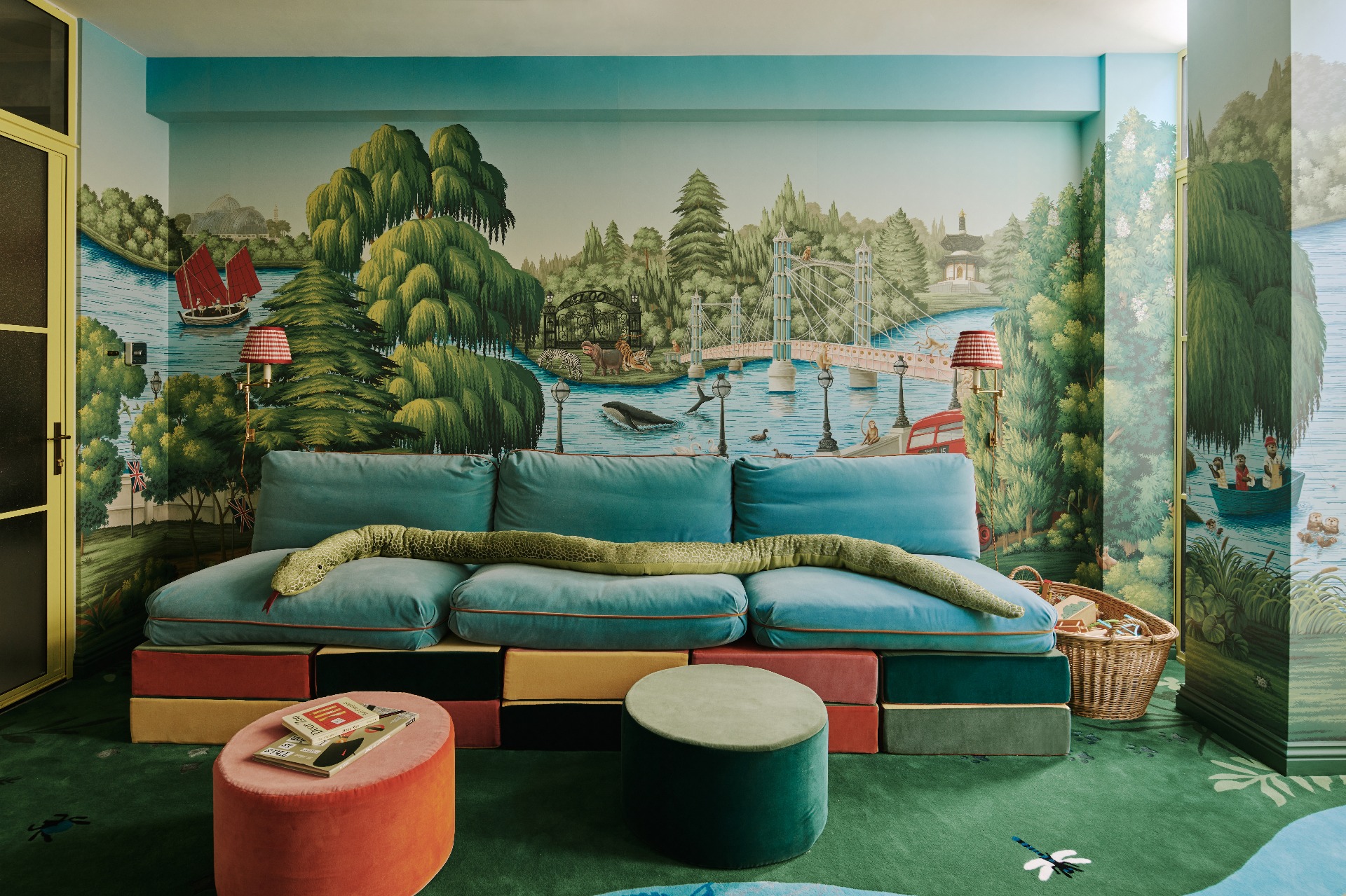 Landscape image featuring sofa, stools and Custom rug Project by De Gournay