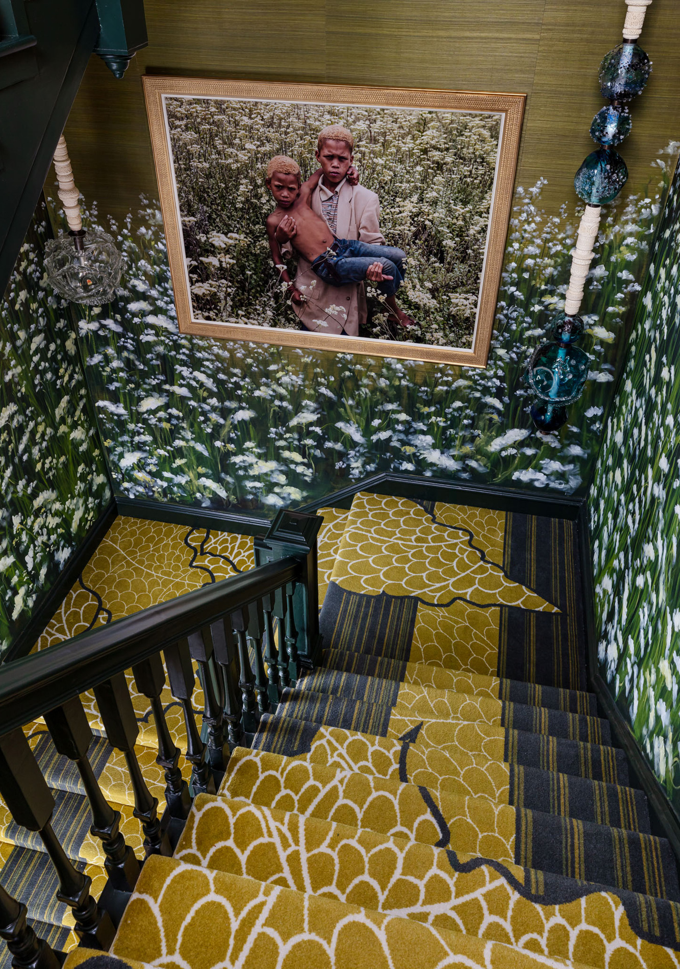 Wall to Wall staircase featuring Bespoke Woven Jacquard Green Fauna Rug